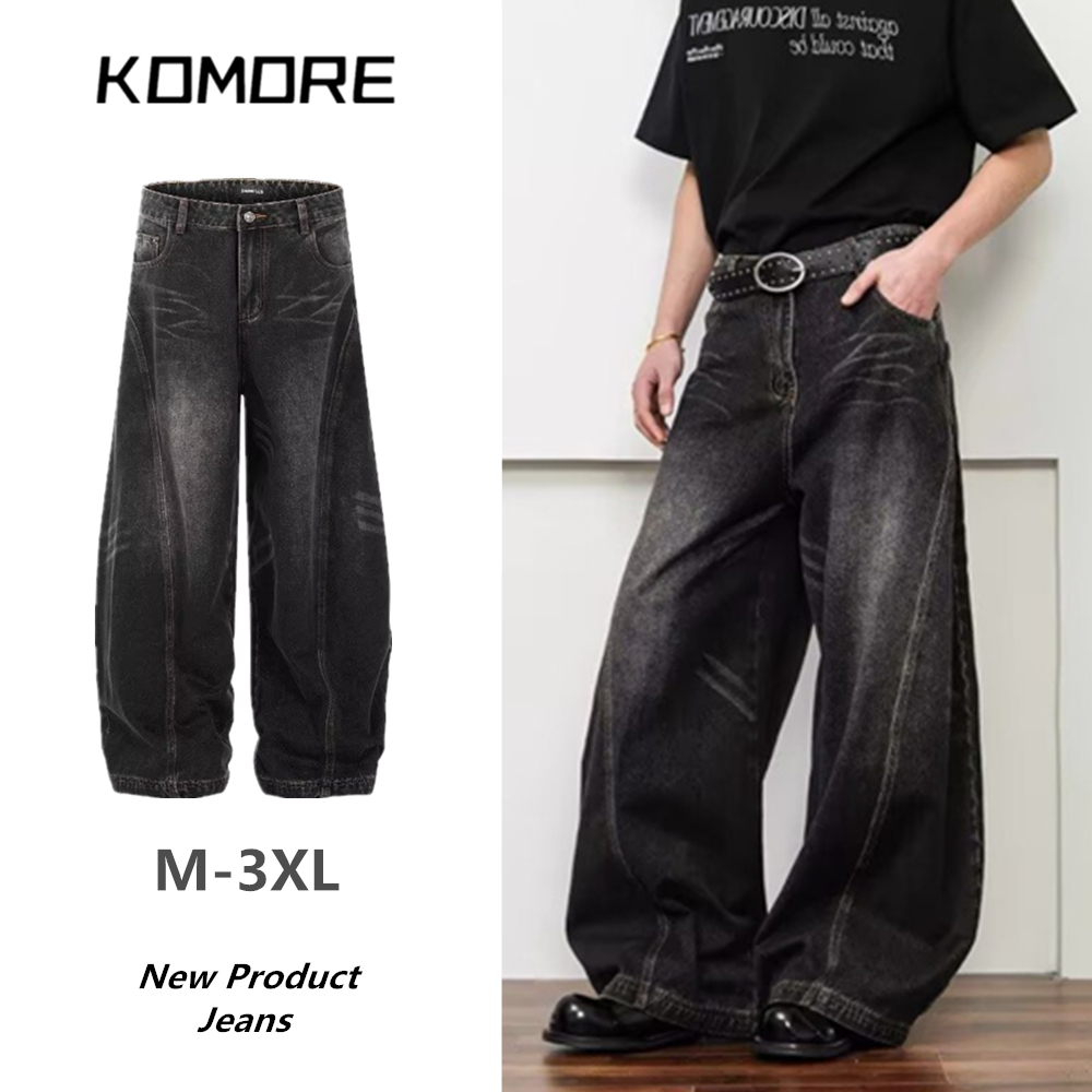 Komore กางเกงยีนส์ขากว้าง ทรงลำลอง สไตล์เกาหลี-สตรีทฟัช ทันสมัย ทั้งชายหญิงใช้ได้ สีดำ สวมสบายไม่แรงดัน ผ้าคุณภาพดี ยืดหยุ่นสูง หลายโอกาส ไซส์ M-3XL ทุกรูปแบบร่างกาย baggyjeans