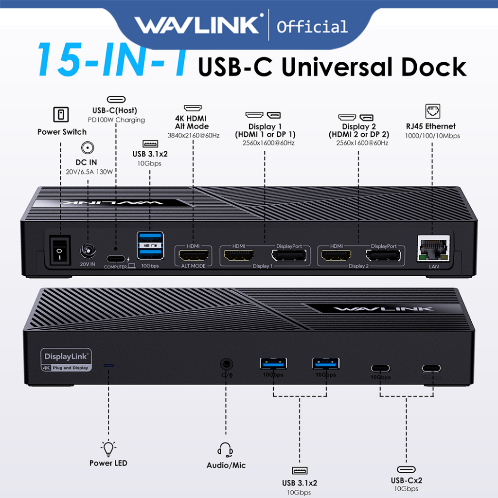 Wavlink Triple Display Universal Docking Station 15-in-1 USB-C Displaylink Dock พร้อมแล็ปท็อป 100W ช