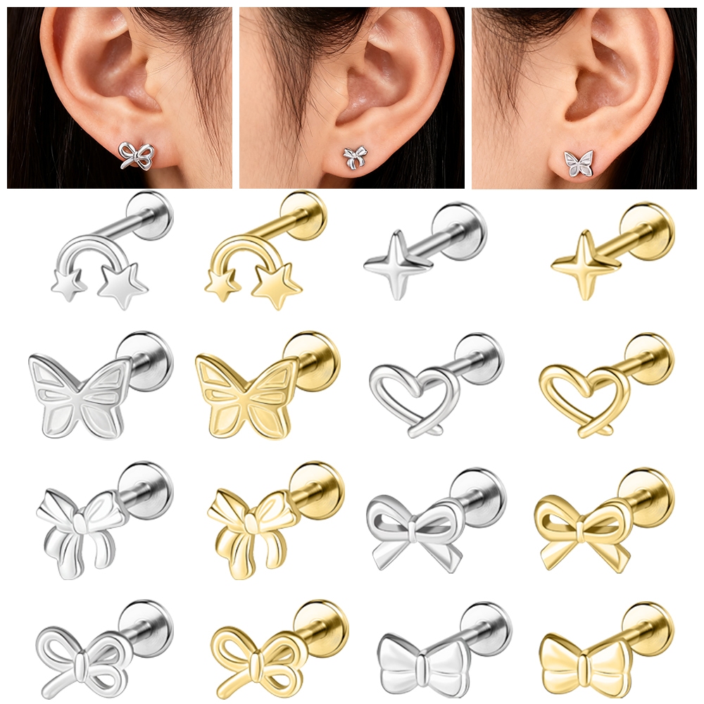 ต่างหูเจาะหู Bow Stud Rainbow สีพาสเทล สำหรับการเจาะหูและลิป ขนาด 16G/18G