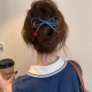 ลูกปัดเชอร์รี่สีแดง Twist Clip และ Denim Bow กิ๊บติดผมสไตล์ใหม่ เครื่องประดับผม