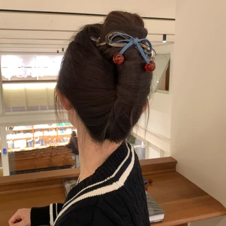 ลูกปัดเชอร์รี่สีแดง Twist Clip และ Denim Bow กิ๊บติดผมสไตล์ใหม่ เครื่องประดับผม