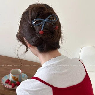 ลูกปัดเชอร์รี่สีแดง Twist Clip และ Denim Bow กิ๊บติดผมสไตล์ใหม่ เครื่องประดับผม