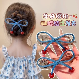 ลูกปัดเชอร์รี่สีแดง Twist Clip และ Denim Bow กิ๊บติดผมสไตล์ใหม่ เครื่องประดับผม