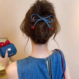 ลูกปัดเชอร์รี่สีแดง Twist Clip และ Denim Bow กิ๊บติดผมสไตล์ใหม่ เครื่องประดับผม