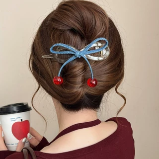 ลูกปัดเชอร์รี่สีแดง Twist Clip และ Denim Bow กิ๊บติดผมสไตล์ใหม่ เครื่องประดับผม