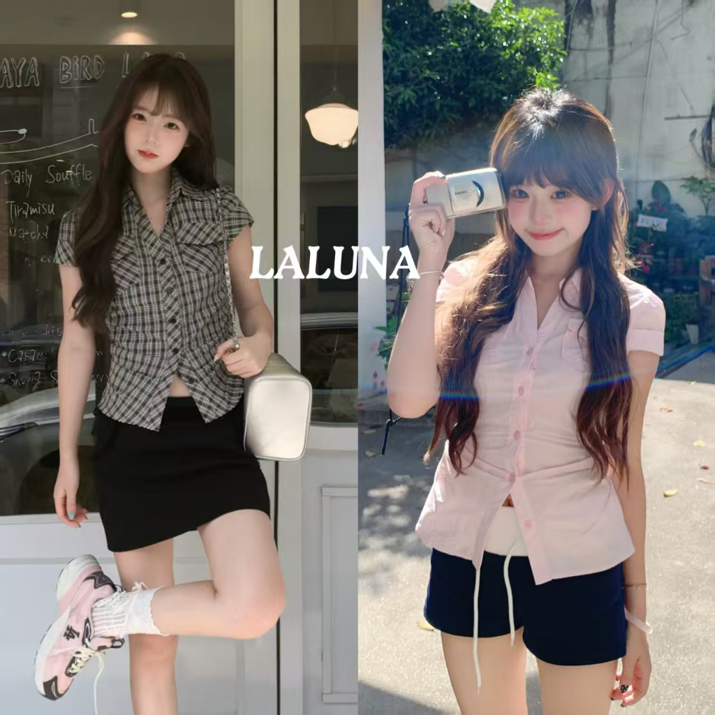 Lln พร้อมส่ง  เสื้อเชิ้ตแขนสั้นตรวจสอบไหล่เข้ารูปสไตล์เรโทรสไตล์เกาหลีฤดูร้อน