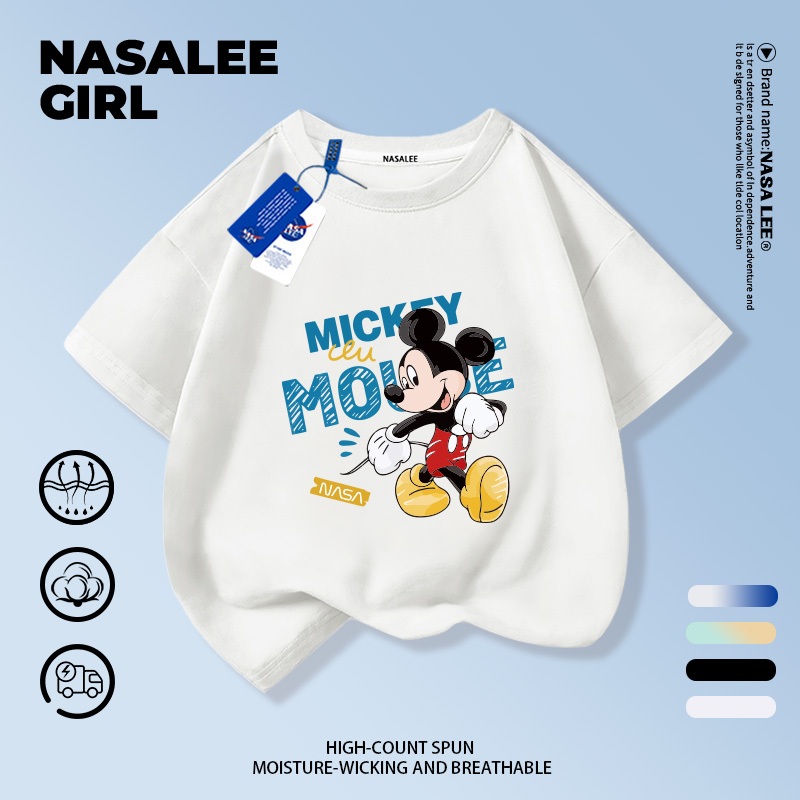 【จัดส่งทันที】เสื้อยืดเด็ก NASA สีขาว ผ้าฝ้ายระบายอากาศดี ลายมิกกี้เมาส์ สำหรับเด็กอายุ 3-16 ปี