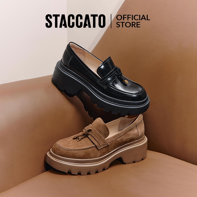 Staccato รองเท้าโลฟเฟอร์สำหรับผู้หญิง แบบแพลตฟอร์ม chunky slip-on สไตล์ลำลอง H0423