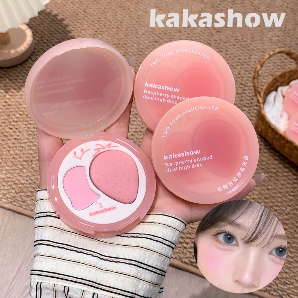 KAKASHOW พาเลทอายแชโดว์ทูโทนรูปสตรอเบอร์รี่ - โทนสีชมพูธรรมชาติสไตล์เกาหลี,Silky Matte 3-in-1 แป้งสํ