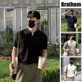 เสื้อแขนสั้นคอเฮนลีย์สีดำสไตล์เกาหลี - ตัวสูงอัดผ้านุ่มสบาย