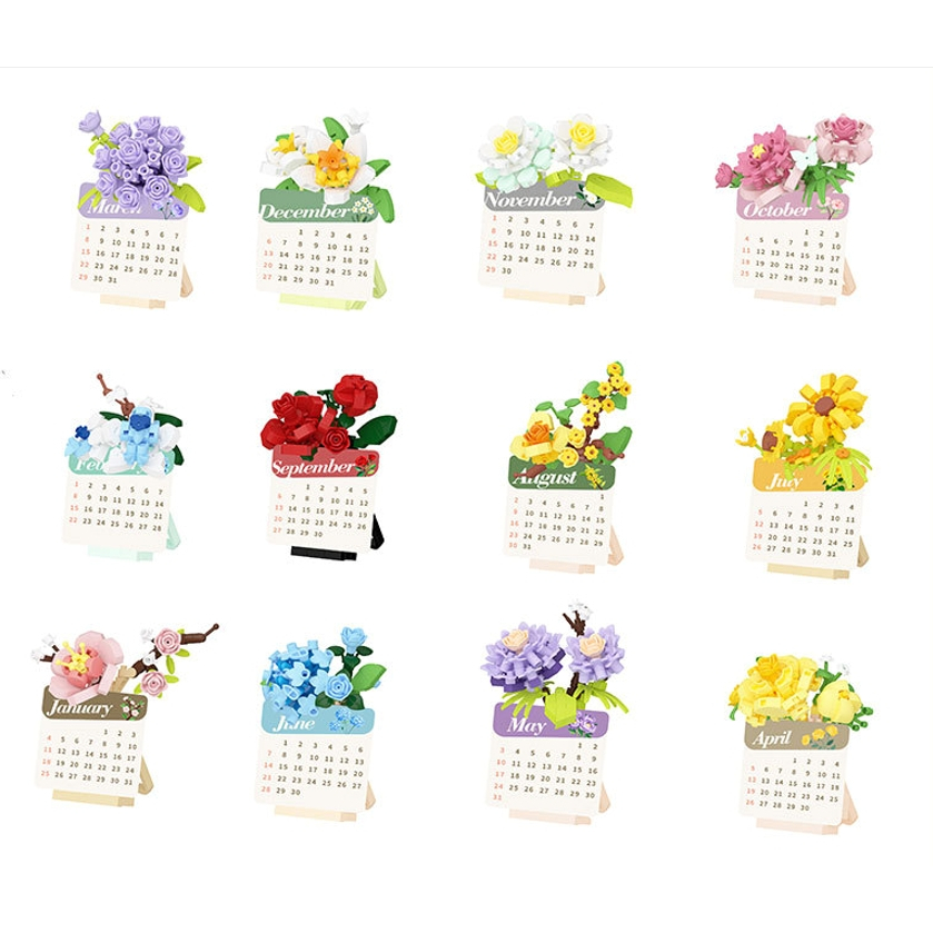 ปฏิทินดอกไม้สร้างบล็อกน่ารักสร้างสรรค์ ทําเอง บล็อกตัวต่อดอกไม้ตารางปฏิทินถาวรของขวัญวันเกิด