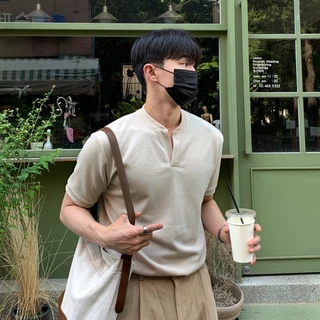 เสื้อแขนสั้นคอเฮนลีย์สีดำสไตล์เกาหลี - ตัวสูงอัดผ้านุ่มสบาย