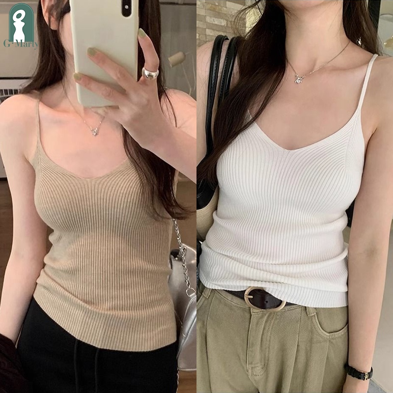 Gmarty Summer เสื้อชั้นในสตรีถักคอวีเซ็กซี่สีทึบลําลองแขนกุด Slim Top KL