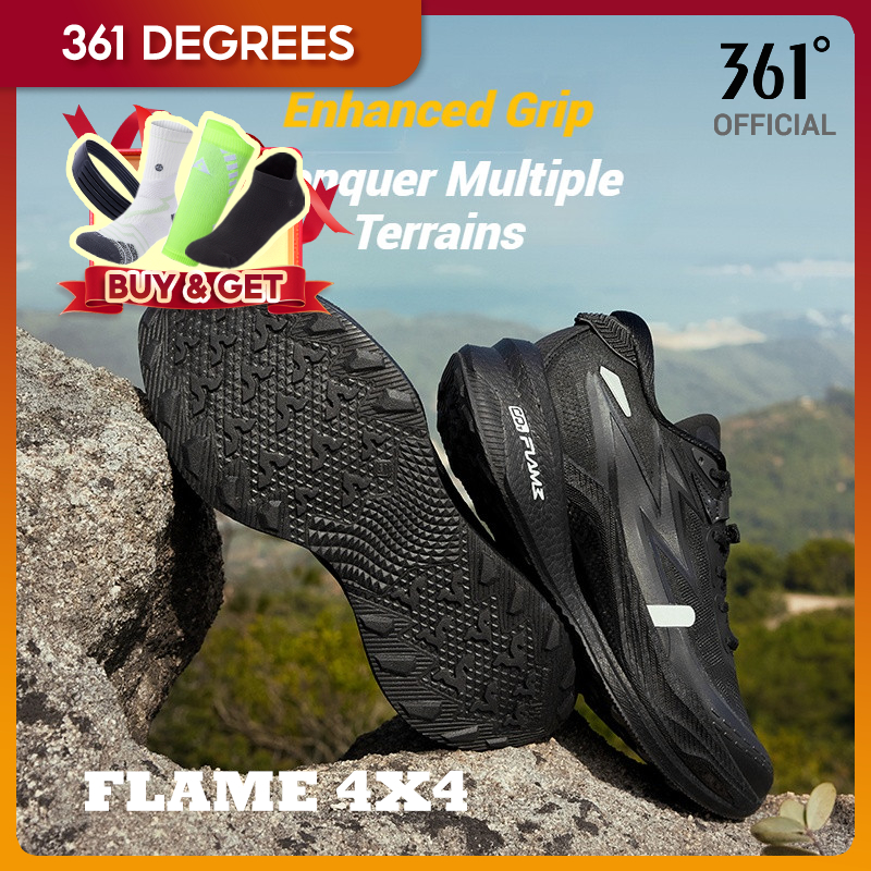 361 Degree 【Flame 4x4】 สําหรับเดินป่า Running Trail รองเท้ากลางแจ้งสําหรับชาย Off-Road Cushioned Sta