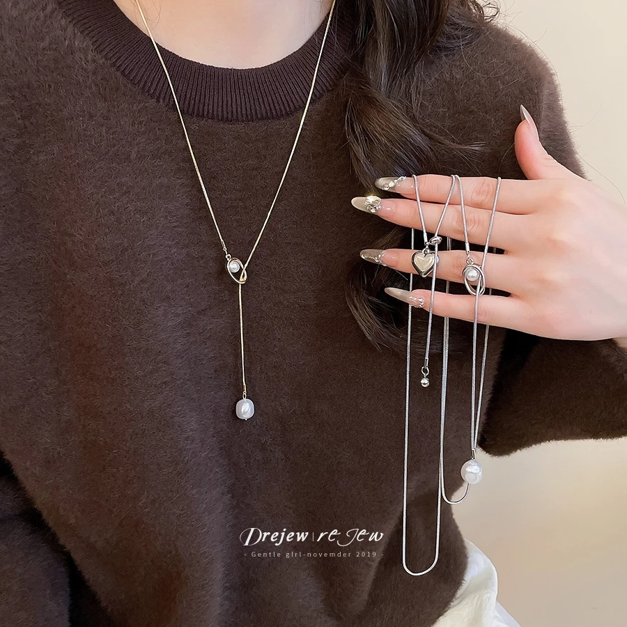 สร้อยคอมุกหัวใจทรง Y สำหรับผู้หญิง สีเงินเรียบหรู เครื่องประดับแฟชั่นสำหรับการสวมใส่ทุกวันและเป็นของขวัญ