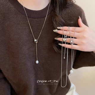 สร้อยคอมุกหัวใจทรง Y สำหรับผู้หญิง สีเงินเรียบหรู เครื่องประดับแฟชั่นสำหรับการสวมใส่ทุกวันและเป็นของขวัญ