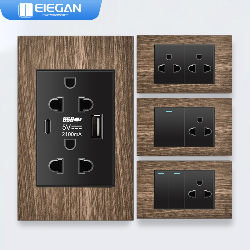 ELEGAN ซ็อกเก็ตสวิตช์ติดผนัง อลูมิเนียมอัลลอยด์แผงลายไม้-M18 สีดํา USB TYPE-C