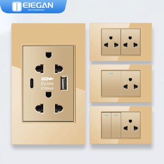 ELEGAN เต้ารับสวิตช์ติดผนังวัสดุกระจกนิรภัย-G18 สีทอง USB TY…