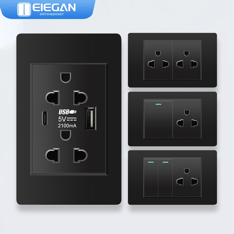 ELEGAN สวิตช์ผนังซ็อกเก็ตแผงวัสดุ PC-A18 สีดํา USB TYPE-C