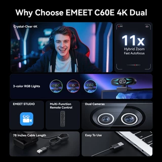 【ฟังก์ชันปรับภาพให้สวย สามารถเชื่อมต่อกับมือถือได้】EMEET C60E เว็บแคมคู่ 4K webcam, ออโต้โฟกัส, มีไฟแสดงสถานะ, เหมาะสำหรับสตรีมเกม, สำหรับ PC/OBS/Facebook/YouTube
