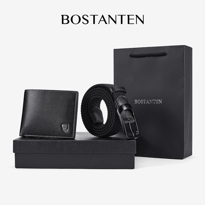 BOSTANTEN ชุดกระเป๋าเงินและเข็มขัดหนัง PU สำหรับผู้ชาย 2 ชิ้นสั้น พกพาสะดวกและใช้งานได้หลากหลาย