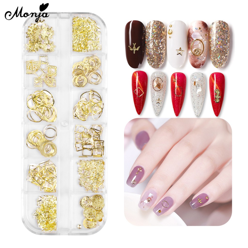 Monja ตกแต่งเล็บรอบ Square Star โลหะทอง Rivet Studs 3D DIY Charm อุปกรณ์เสริม Rhinestones 12grid-box