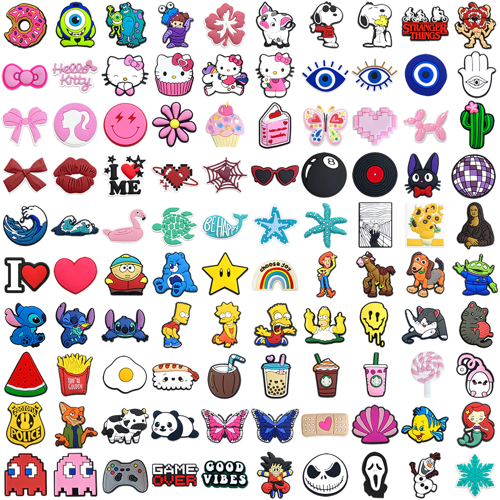 100 รูปแบบที่แตกต่างกันรองเท้า Charms DIY อุดตันรองเท้า Aceessories Fit รองเท้าแตะ pins รองเท้าแตะตกแต่งของขวัญสําหรับเด็ก