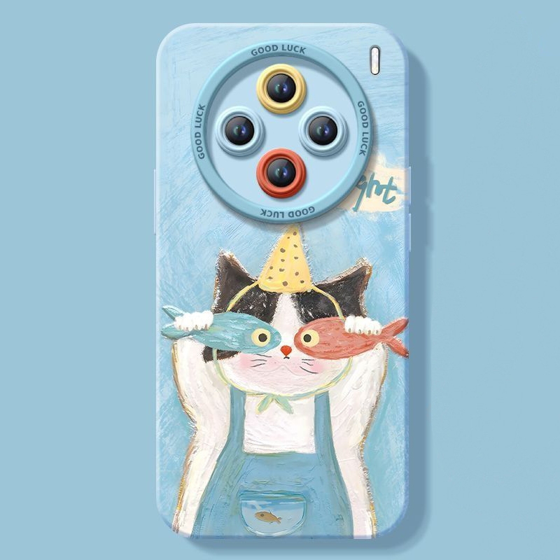 สําหรับ VIVO X200 PRO X100 X90 S19 X60 S20 S19 S17 ภาพวาดสีน้ํามันแมวจับปลาเคสโทรศัพท์การ์ตูนน่ารักสีขาวหญิง