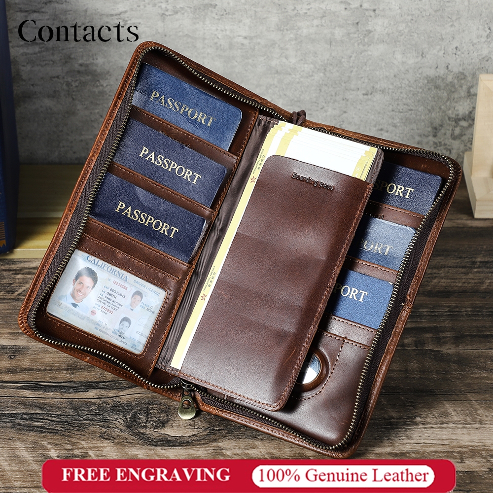 CONTACTS ผู้ถือหนังสือเดินทางครอบครัวหนังแท้สำหรับการเดินทาง Airtag RFID กระเป๋าสตางค์หนังสือเดินทางป้องกันด้วย 6 ชิ้น 8 หนังสือเดินทาง