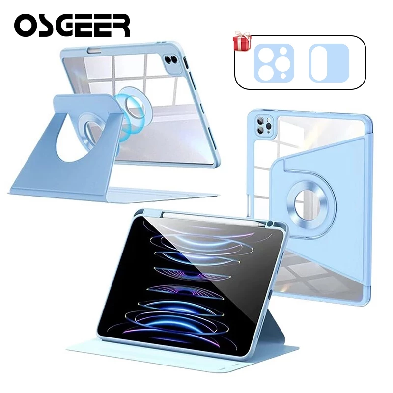 OSEER 2in1 แม่เหล็กที่ถอดออกได้สําหรับ iPad Air 8 7 M3 2025 6 M2 Gen 12th 11th A16 10th 9th 8th 7th Pro 11 M4 M5 2025 พร้อมที่ใส่ดินสอ Air 5 4 10.9 การหมุนฝาครอบอะคริลิค