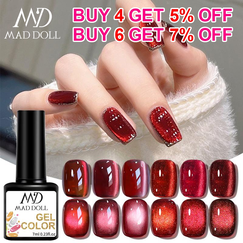Maddoll 💝BUY 4 GET 5% OFF💝 สีเปลวไฟสีแดง เจลตาแมว7ml หินอ่อนแก้วลูกปัดเจลยาทาเล็บสำหรับร้านทำเล็บ มือ ทําเล็บ สีเจลแคทอาย กึ่งถาวร UV Varnish Red Cat Eyes Gel Polish