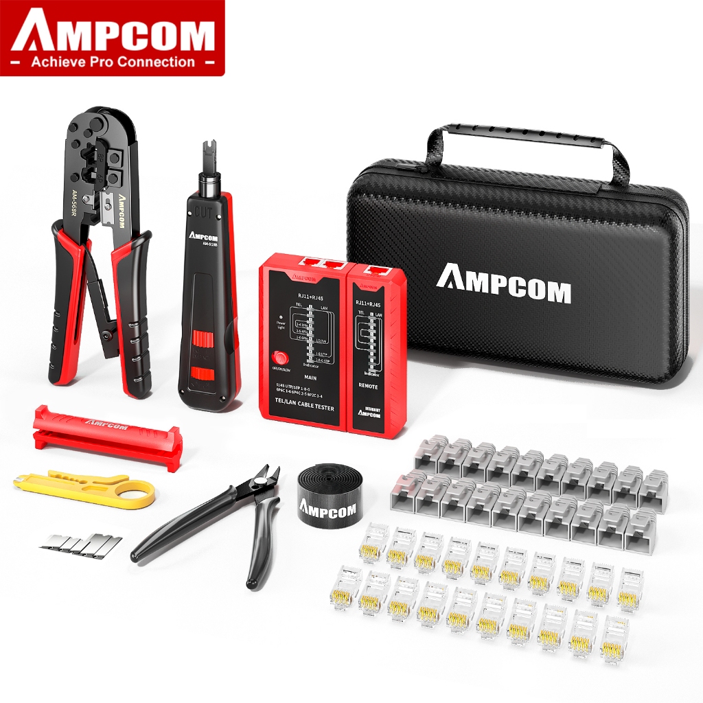 Ampcom Ethernet Crimping ชุดเครื่องมือสําหรับ CAT6/CAT5e RJ45 Connector พร้อม Wire Stripper/Punch Down เครื่องมือ/TEL/LAN เครื่องทดสอบสายเคเบิล