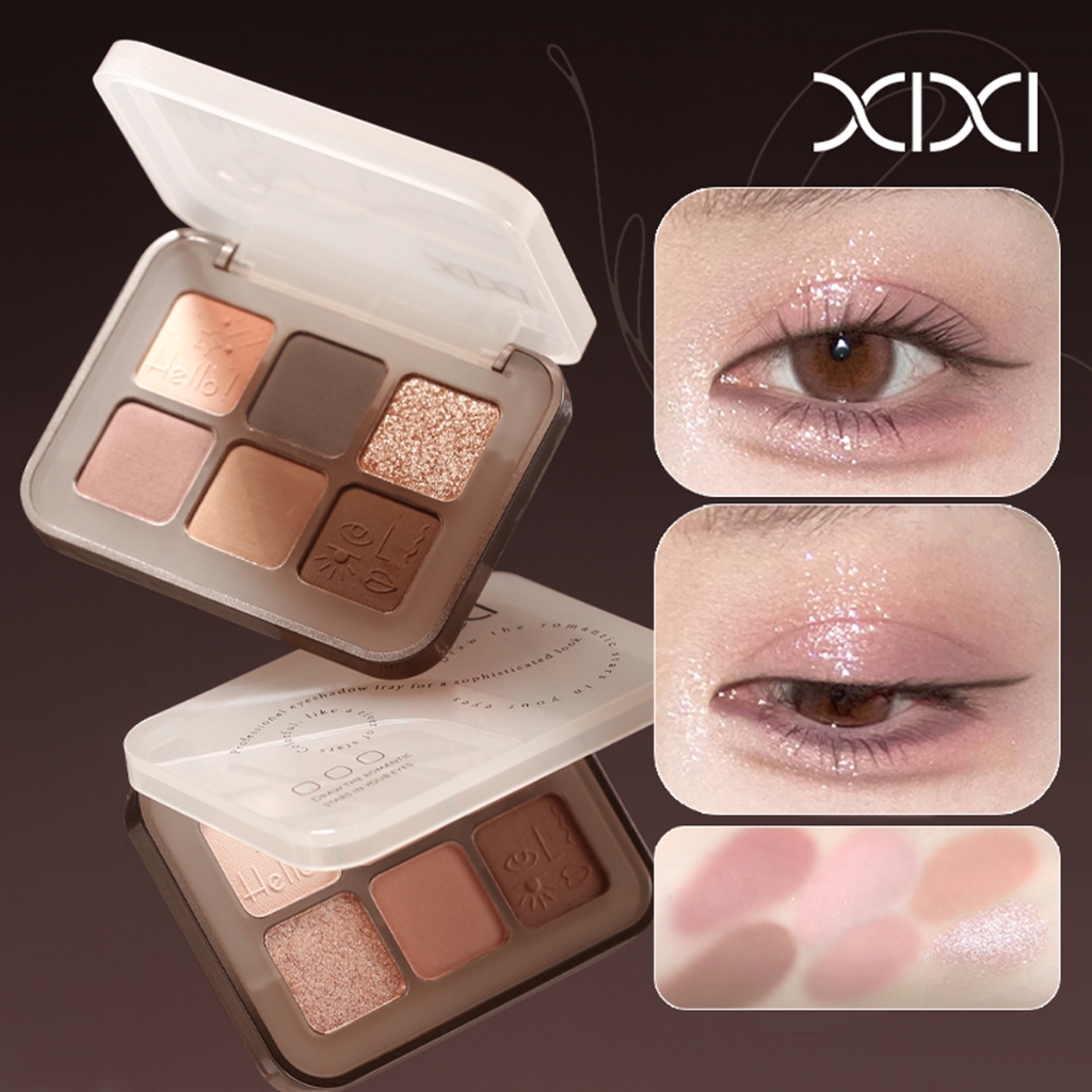 XIXI พาเลทอายแชโดว์ขนาด 6 สี - สไตล์เกาหลี Greyish-pink Matte Pearly Shimmer Eyeshadow Long Lasting Waterproof High Pigmentation D843