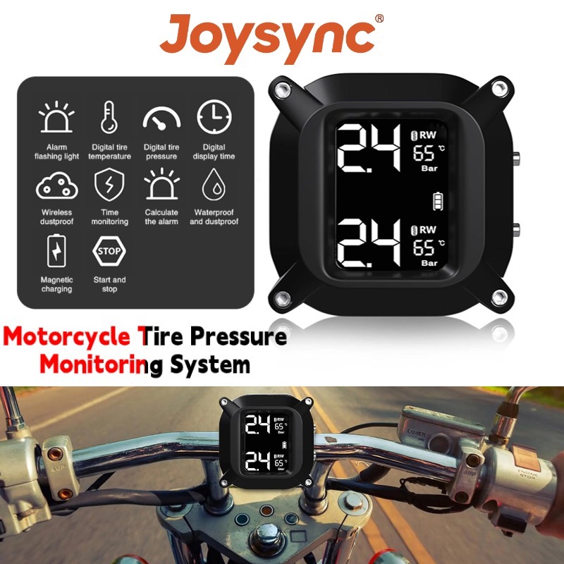 Joysync ระบบตรวจสอบความดันยางรถจักรยานยนต์ C400 – USB ชาร์จ TPMS พร้อมการแจ้งเตือนแบบเรียลไทม์, LCD สี, จับคู่เซ็นเซอร์ง่าย