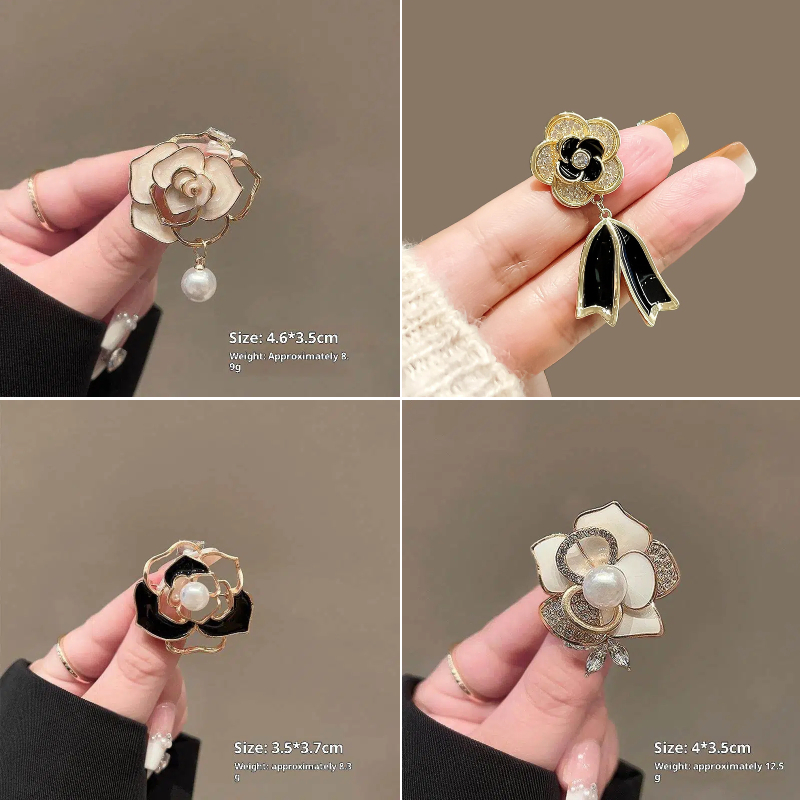 [ขาวดำ·ไว้ทุกข์]เข็มกลัดลายดอก.camellia.blossom พร้อมริบบิ้น สำหรับคอเสื้อ เครื่องประดับแฟชั่นผู้หญิง