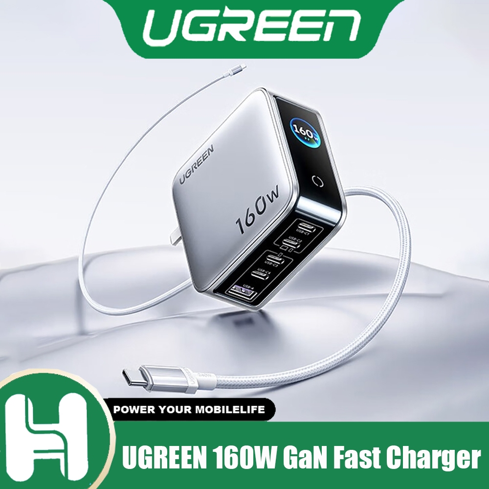 UGREEN 160W GaN Fast Charger จอแสดงผลแบบเรียลไทม์เครื่องชาร์จแบบพับได้พร้อมสายเคเบิล C ถึง C 240W 1.