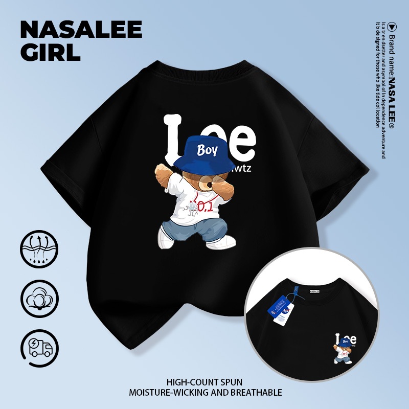 【จัดส่งทันที×ถึงใน 2 วัน】เสื้อยืดคอตวัดเด็ก NASA สีดำ ผ้าฝ้ายระบายอากาศดี ลายหมีสีน้ำตาลสไตล์อเมริกัน สำหรับเด็กอายุ 3-16 ปี