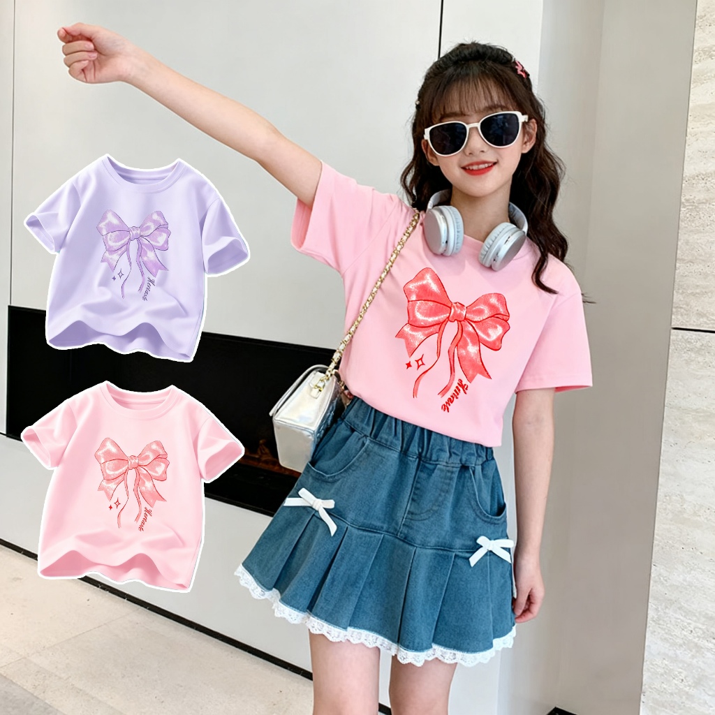 เสื้อยืดเด็กผู้หญิง ทำจากผ้าฝ้ายแท้ ปักลายโบว์ คอกลม ใส่สบาย เสื้อเด็กผู้หญิง