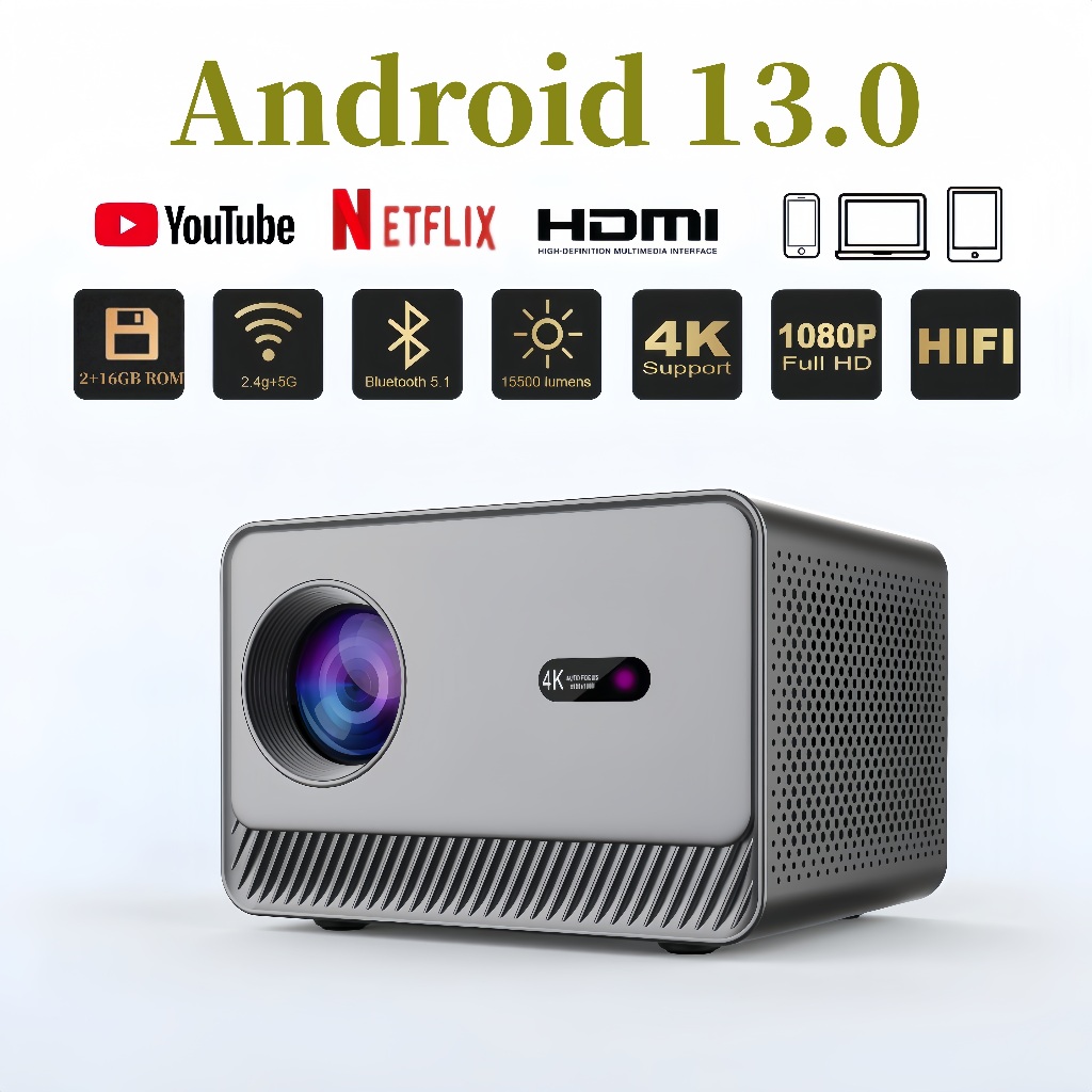 โปรเจคเตอร์ความละเอียดสูง 1080P ระบบปฏิบัติการ Android 13.0 หมุนได้ 360° รองรับความละเอียด 4K เชื่อมต่อ Wi-Fi และ Bluetooth คู่