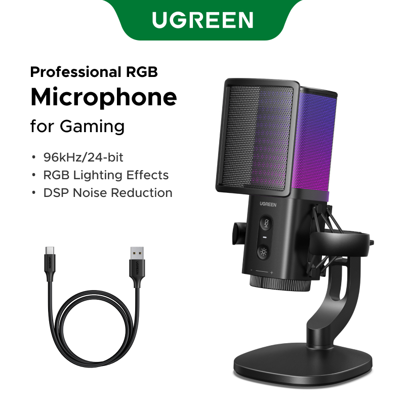 UGREEN Professional RGB ไมโครโฟนสําหรับเล่นเกม 24bit/96kHz สตูดิโอคุณภาพ DSP ลดเสียงรบกวน RGB Light 