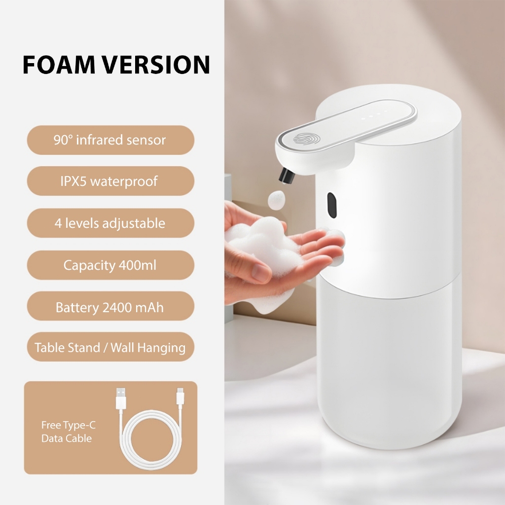 เครื่องจ่ายโฟมอัตโนมัติแบบติดผนังแบบชาร์จไฟได้ – เครื่องจ่ายสบู่เซ็นเซอร์แบบไม่ต้องสัมผัส 400 มล. พร้อมแบตเตอรี่ 2400มะห์, การชาร์จอย่างรวดเร็ว พิมพ์-ค และระดับโฟมปรั
