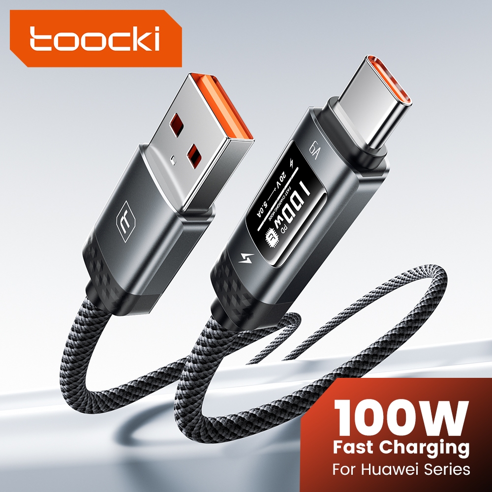 Toocki 100W สาย USB Type C 6A สายชาร์จเร็วสุดสําหรับโทรศัพท์ 17-15 Pro Max Huawei Xiaomi พร้อม OLED Digital Displaying USB-C สายเคเบิลข้อมูลสายไฟ