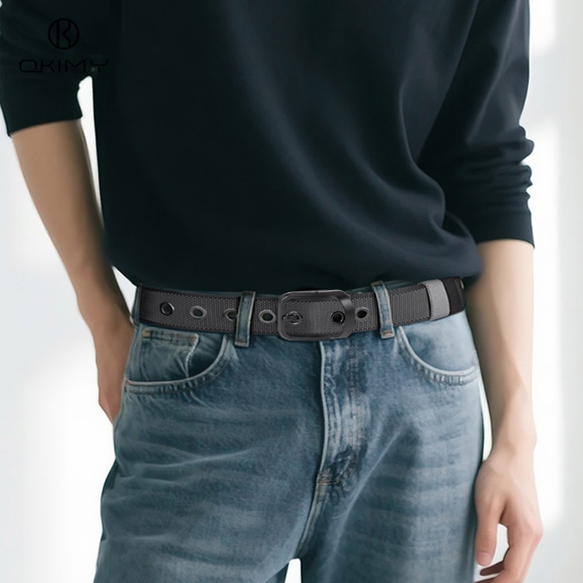 OKIMY เข็มขัดผู้ชาย ปรับได้สองด้าน ทำจากไนลอน สีเรียบง่าย มาพร้อมหัวเข็มขัดหมุน - รูปที่ 2