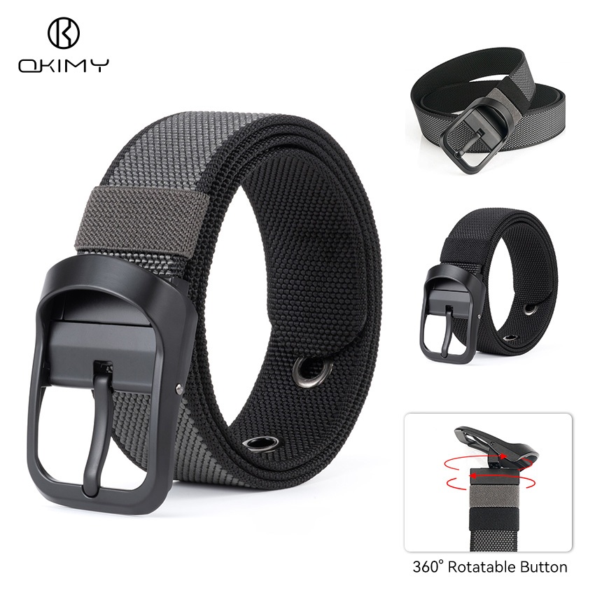 OKIMY เข็มขัดผู้ชาย ปรับได้สองด้าน ทำจากไนลอน สีเรียบง่าย มาพร้อมหัวเข็มขัดหมุน