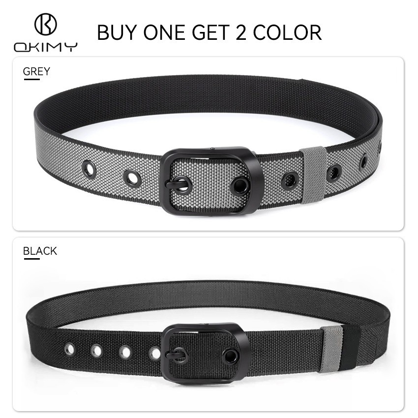 OKIMY เข็มขัดผู้ชาย ปรับได้สองด้าน ทำจากไนลอน สีเรียบง่าย มาพร้อมหัวเข็มขัดหมุน - รูปที่ 3