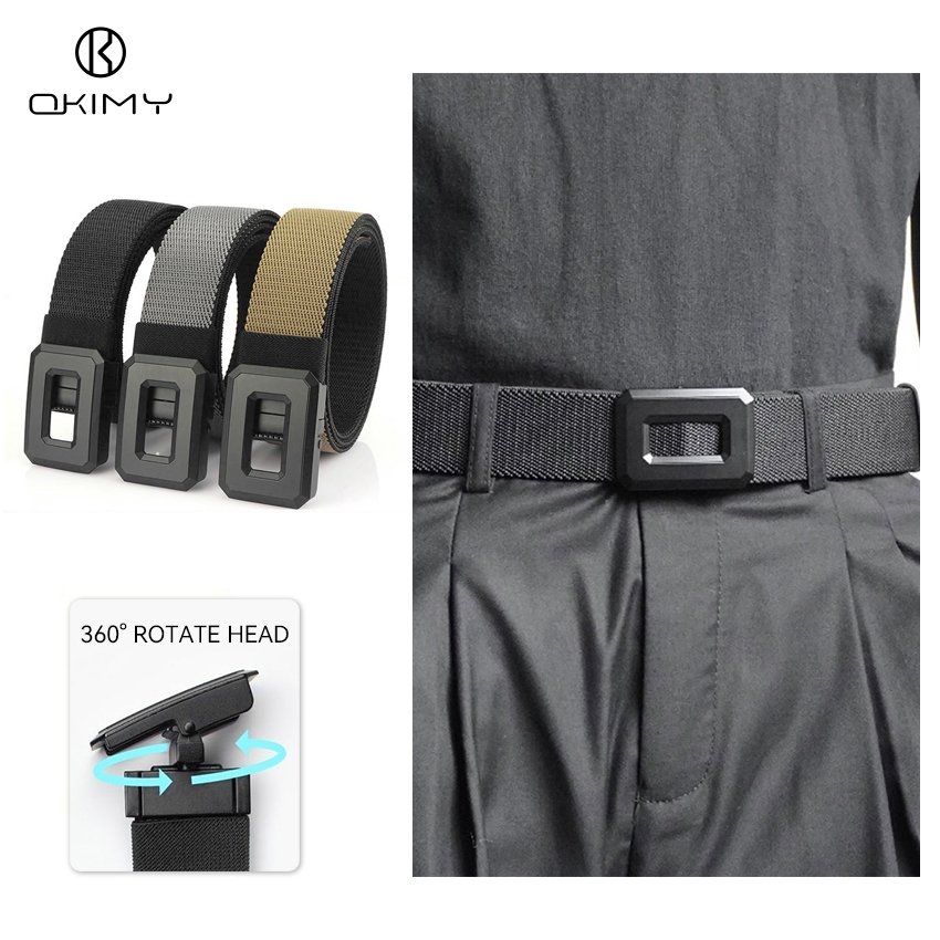OKIMY เข็มขัดผู้ชาย หัวเข็มขัดหมุนปรับได้ ผ้าใบสองสี เย็บอย่างดี เพื่อความเรียบง่ายและความทนทาน