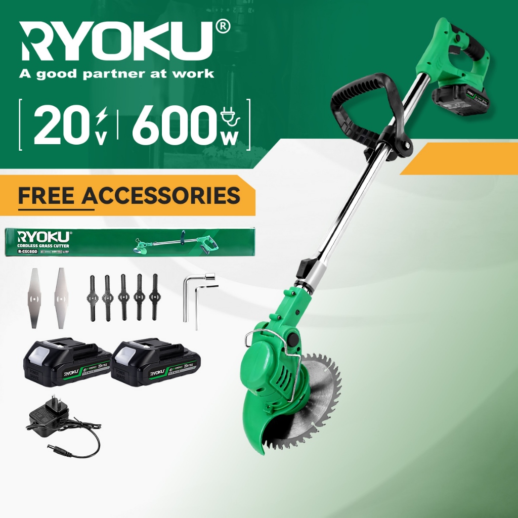 RYOKU เครื่องตัดหญ้าไร้สาย 20V แบตเตอรี่ลิเธียมแบบชาร์จไฟได้