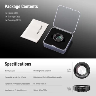 NEEWER 2X เลนส์มาโครสําหรับ DJI Osmo Action 5 Pro Action 4, เลนส์กล้องระยะใกล้, LS-68