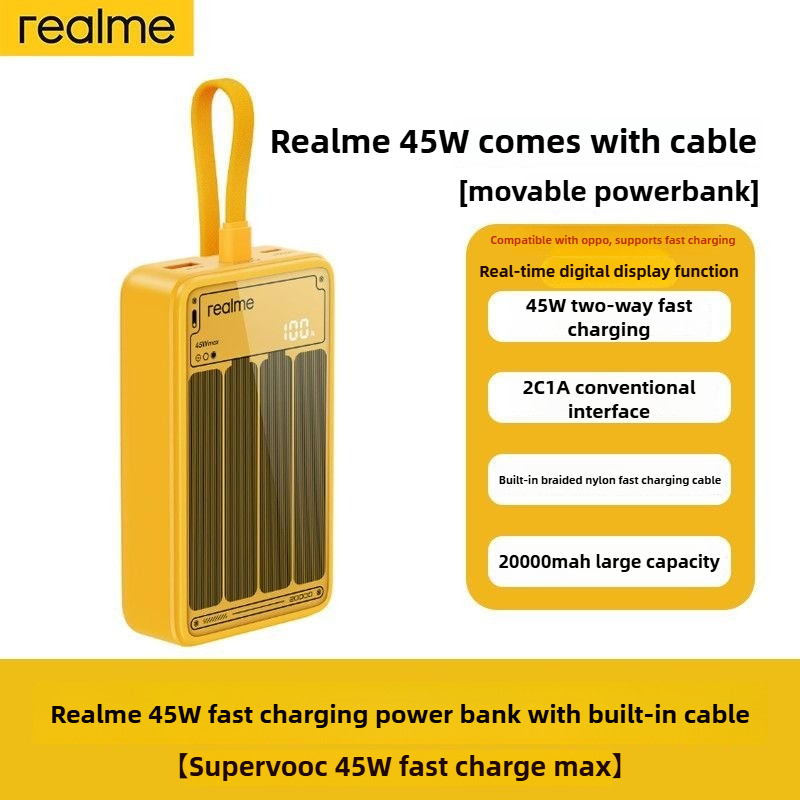 Original Realme 45W 20000mah Powerbank with Charging Cable Fast Charging Power Bank Digital Display