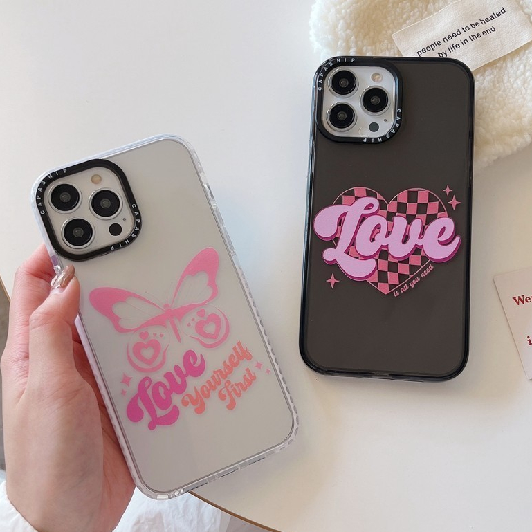CAPASHIP ผีเสื้อ Love Yourself Cure หัวใจสีชมพู 90S retro Y2K นุ่มกรณีสําหรับ iPhone 17 Pro Max Air 